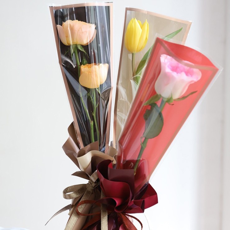 Flower packaging sleeve with simple frame and gold border single branch and multi branch bag